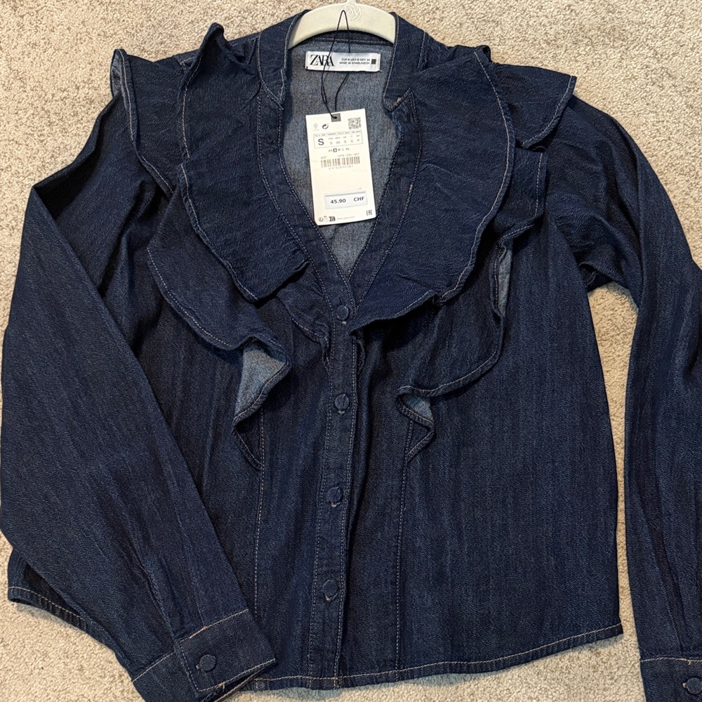 NWT Zara Dark Blue Denim Ruffle Top